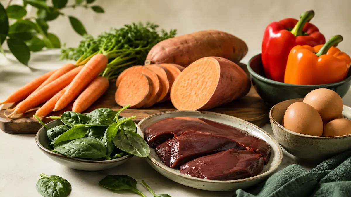 Alimenti ricchi di vitamina A: carote, patate dolci, spinaci, uova e peperoni