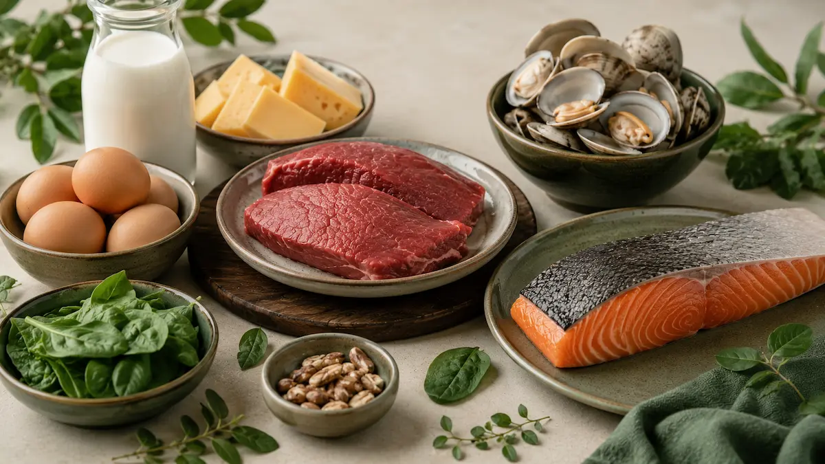 Alimenti ricchi di vitamina B12: salmone, carne, uova, latte e formaggio.