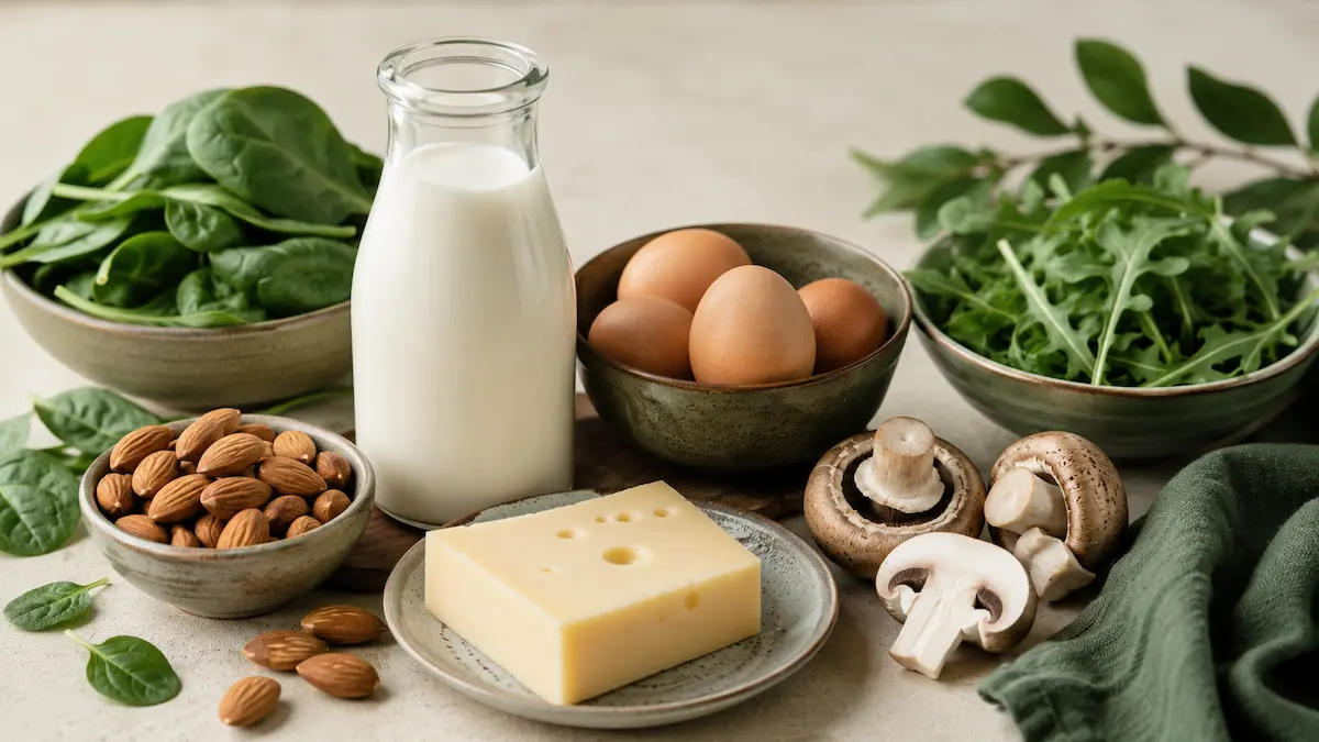 Alimenti ricchi di vitamina B2: latte, uova, mandorle, verdure verdi e formaggio.