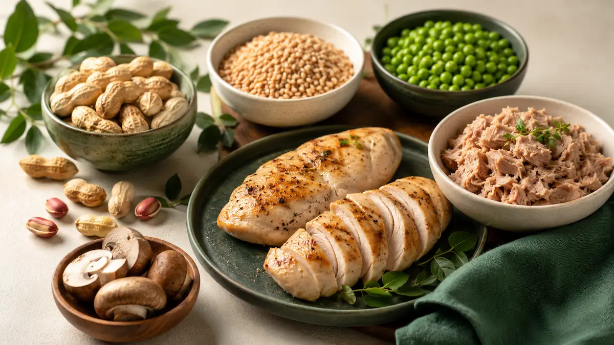 Alimenti ricchi di vitamina B3: pollo, tonno, arachidi, cereali integrali e funghi.