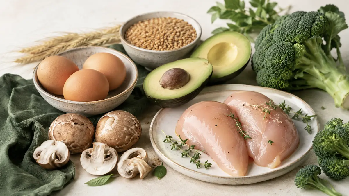 Alimenti ricchi di vitamina B5: uova, avocado, funghi, broccoli e cereali integrali.