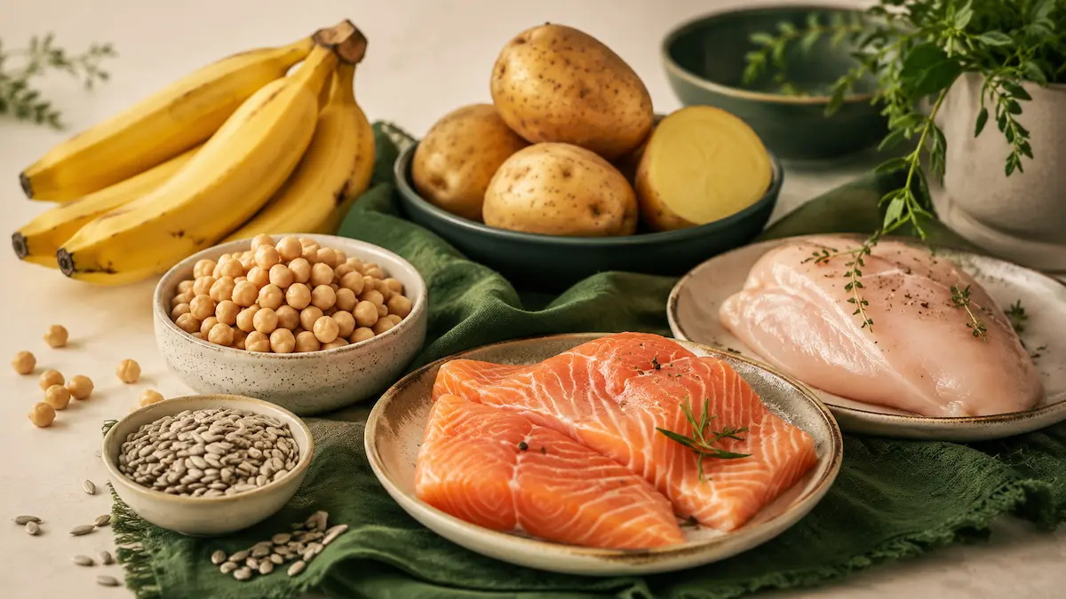 Alimenti ricchi di vitamina B6: banane, ceci, salmone, patate e semi di girasole.