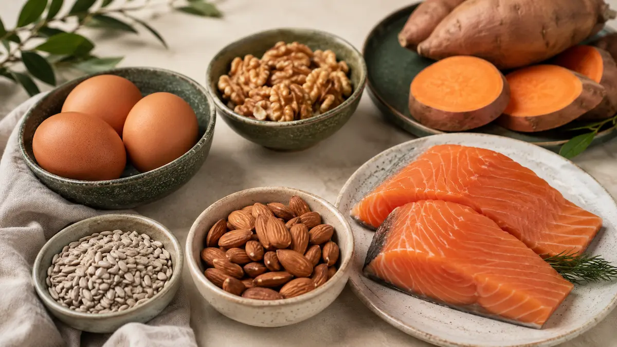 Alimenti ricchi di vitamina B8 (biotina): uova, mandorle, noci, patate dolci e semi.