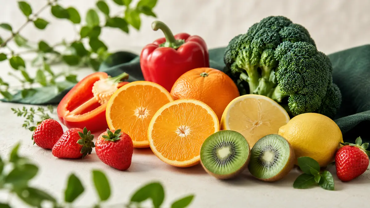Alimenti ricchi di vitamina C: arance, kiwi, fragole, peperoni e broccoli.