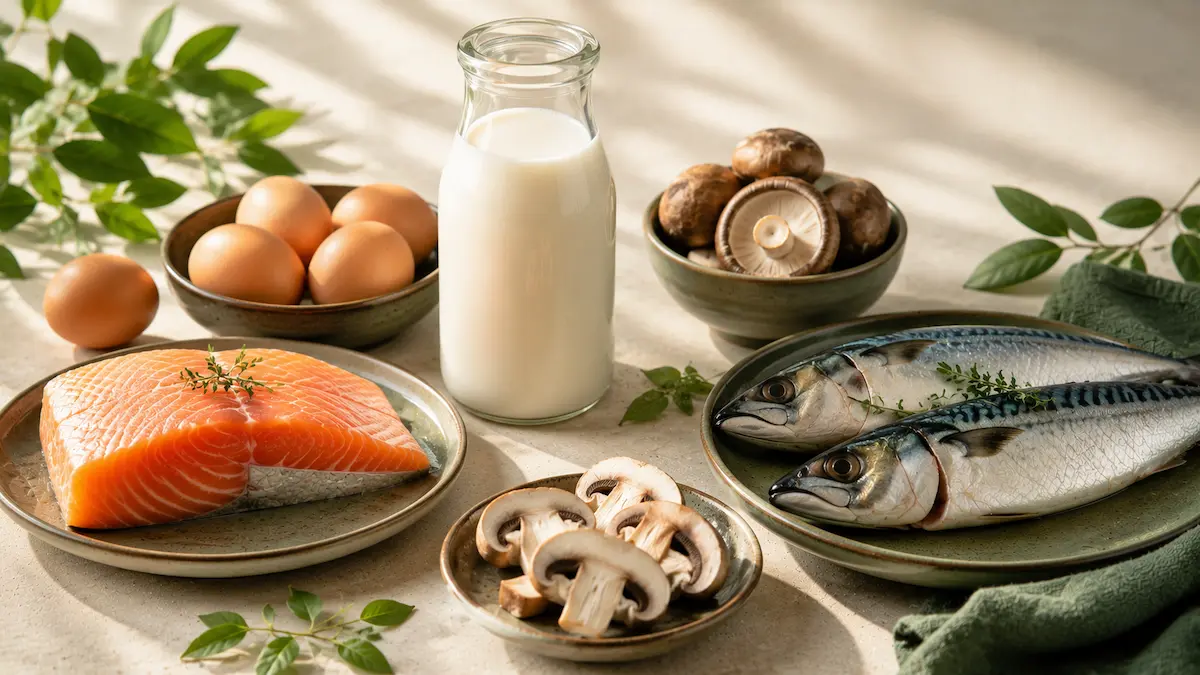Alimenti ricchi di vitamina D: salmone, sgombro, uova, latte e funghi.