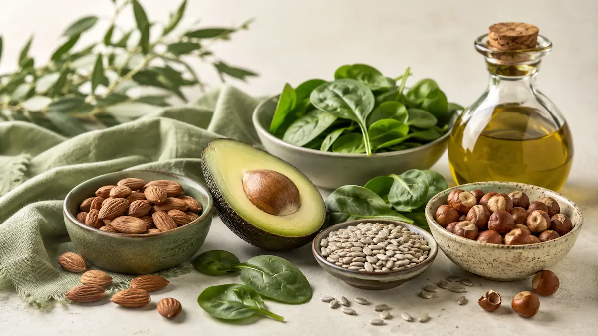 Alimenti ricchi di vitamina E: mandorle, nocciole, semi di girasole, avocado e olio.
