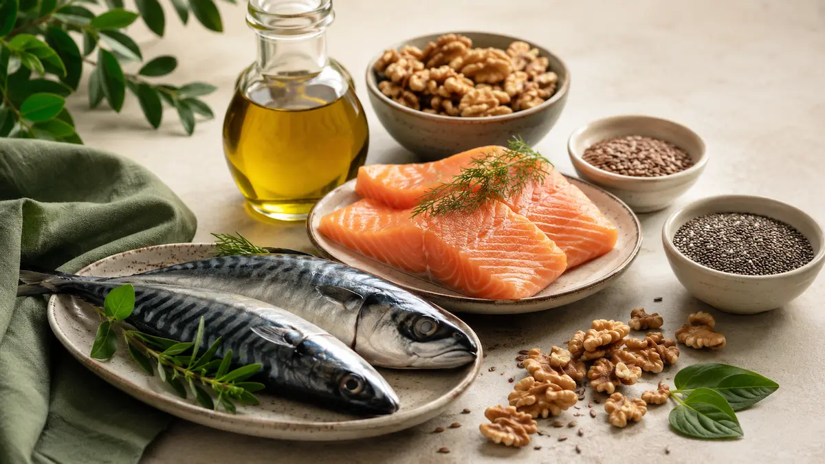 Alimenti ricchi di vitamina F e omega 3: salmone, sgombro, noci, semi e olio vegetale disposti su un tavolo