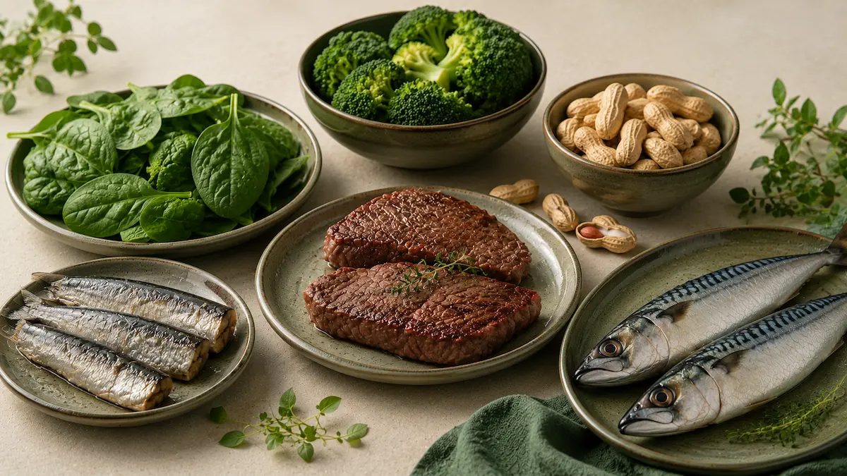 Alimenti ricchi di vitamina Q (coenzima Q10): sardine, sgombro, spinaci, broccoli, carne di manzo e anacardi disposti su un tavolo