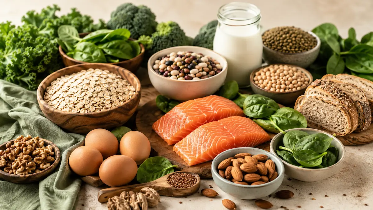 Alimenti ricchi di vitamine del gruppo B: cereali integrali, uova, legumi, pesce e frutta secca.